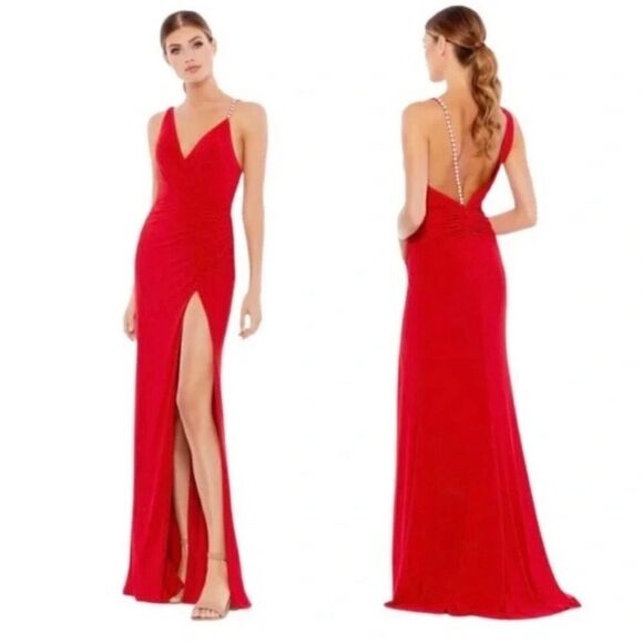 Mac Duggal Ieena 26532 Asymmetrical Pearl Strap V-Neck Gown, Red,  Size 12 NWT - Picture 1 of 11